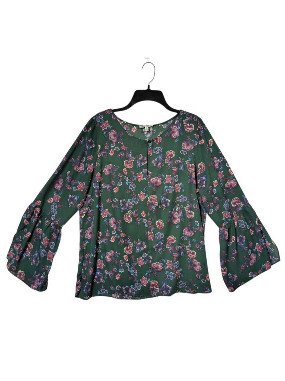 Emma & Olivia Womens Large Green Floral Blouse Bell Sleeve Boho Peasant Top